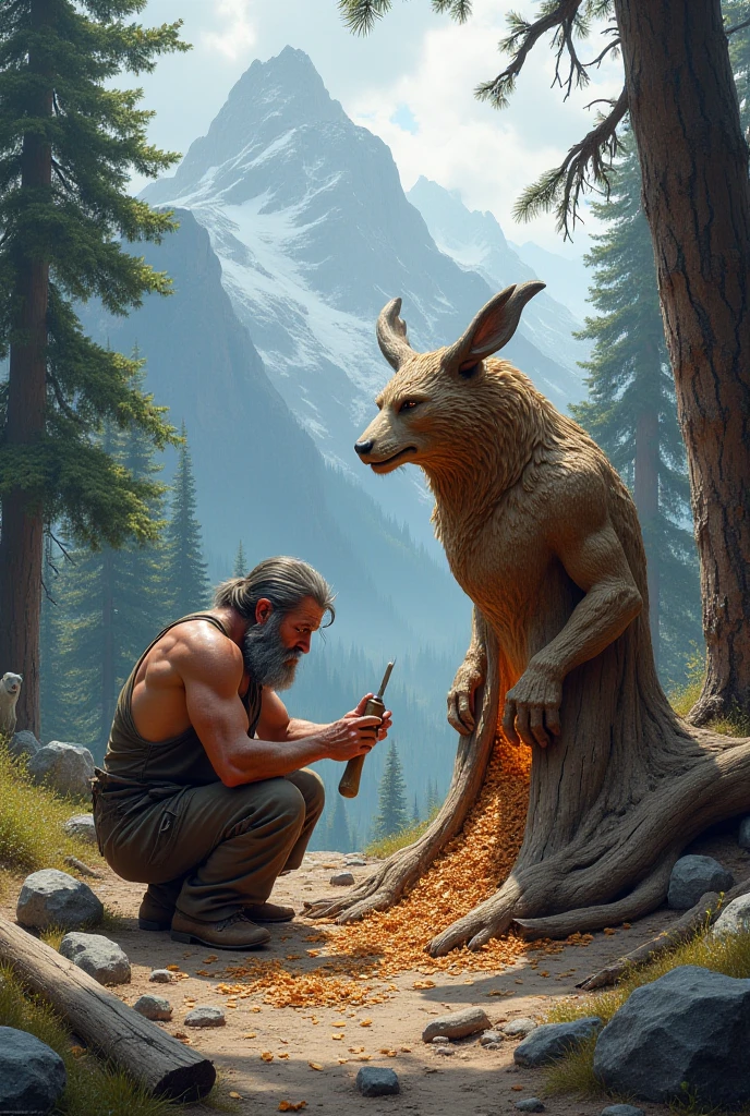 A sick bear foot old man wearing toned clothstanding on the edge of a tree thank scared of the hungry wild dogs who are craving to get to get to him