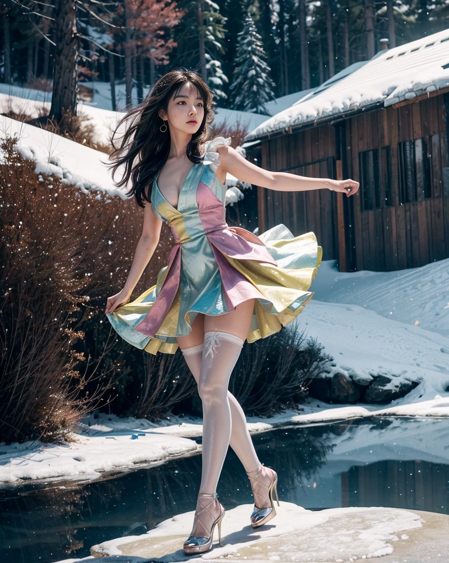 (full body:1.5)，(looking at viewer:1.4)， (Wearing Gilded stockings, high heels, and Maid suit:1.2), (Dance on top of snowy mountains:1.2),(In pink|amarelo|blue colors|green color|red colour|white colors|black in color|purpleish color|greys|Beige|Flesh color 1.4)，(Accurate and perfect face:1.4),A shallow laugh,,hyper HD, Ray traching, reflective light，structurally correct, Award-Awarded, high detal, lightand shade contrast, Face lighting，cinmatic lighting, tmasterpiece, super detailing, high high quality, high detal, best qualityer, 16k，high contrast,