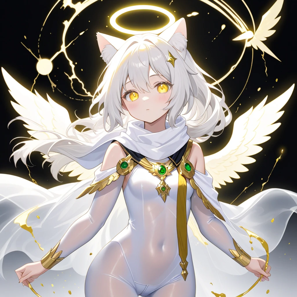 Egg-colored demon girl + Wear a white swimsuit with sleeves + white boots + It has white wings over black on its hips. + long yellow hair + yellow eyes + There is a small yellow star on the left cheek. + has a white tail + white ribbon + He has gray-white horns. + Has a black collar + There is a white shawl that leaves the middle