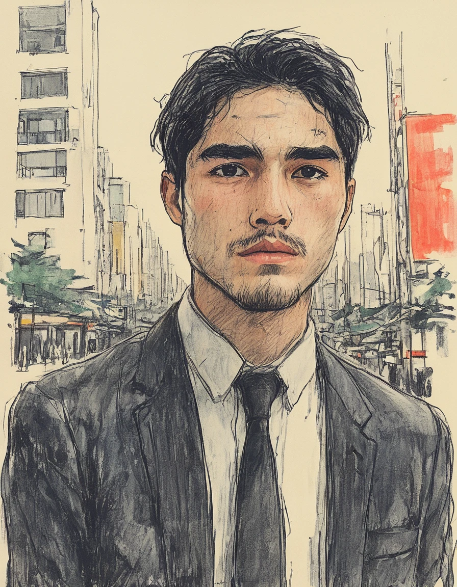 Thick outline, Crosshatch Texture, Brutal Style, man, Japanese, suit, 20-years-old, cityscape in Tokyo, Detailed Characters, detailed face, in fine detail, dramatic lighting