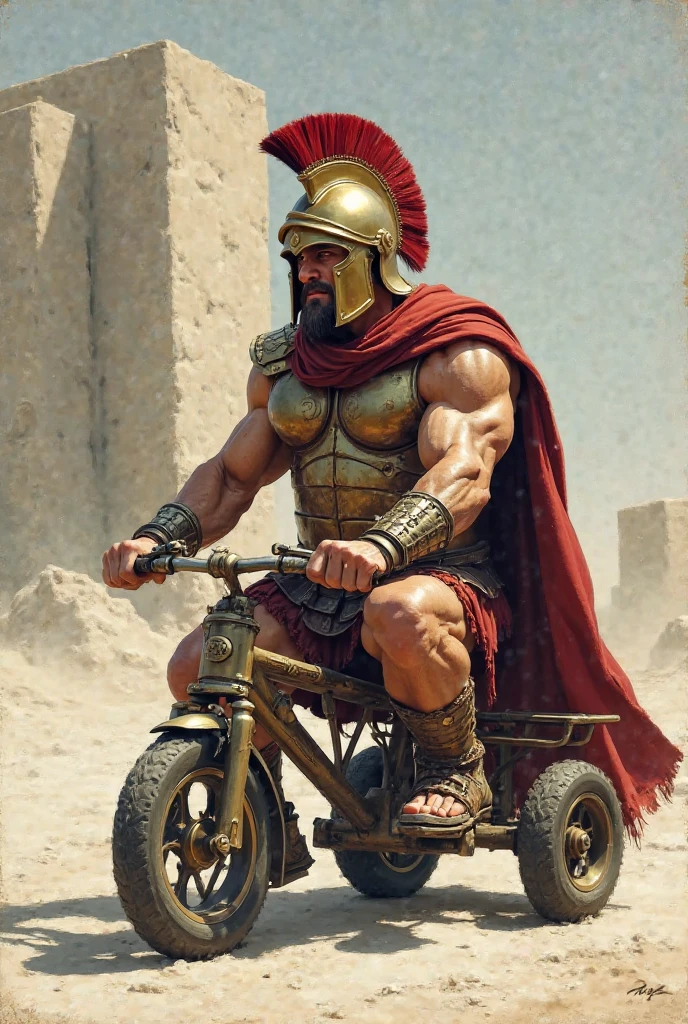A handsome beautiful slim white skin shirtless man on top of a Roman war chariot in the desert