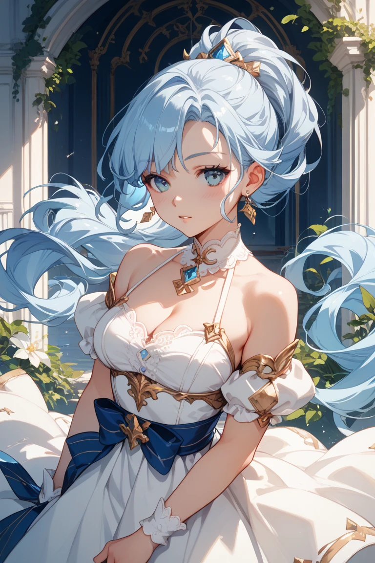 photorealistic:1.49, film grain:1.49, (masterpiece), (intricate details), 1girl, solo, mature female, large breasts, ganyu, ((light blue hair)), goat horns, white sleeves, ((white top)), half body portrait, half body, lying, lying on water, drawn, face at water, hair on water, messy hair, (best quality), looking at viewer, view from above, head on water,