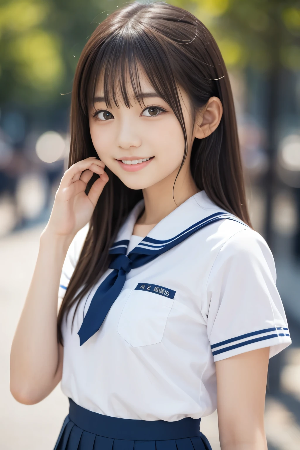 （8k、live-action、Raw photo、Highest quality、masterpiece：1.2),(Outdoors,Front lighting:1.2),((Perfect lighting)),(Wet hair),Watching the audience,Sexy pose, cute smile,18-year-old,student,White skin,knees,Small Face,Part the front hair from the center、The forehead is visible,skinny,skinny)、masterpiece,Highest quality、超A high resolution,one person, solo,Close-up shot、cute、Back to Students,(Japanese school uniform:1.3),High school girl,Japanese women,（Photoreal：1.37）、Photon Mapping,Realistic、cuteSmall Face,Brown eyes、prospect、Depth of written boundary、Blurred Background、Real,(I can see the front hair), hair, I can see the knees, thigh,(Nogizaka Idol), actress、Big and ample breasts、Cleavage、Super fine、Low people、(Skin with visible pores:1.2)、(Focus on the face)、Natural neck、Check and correct the skeleton