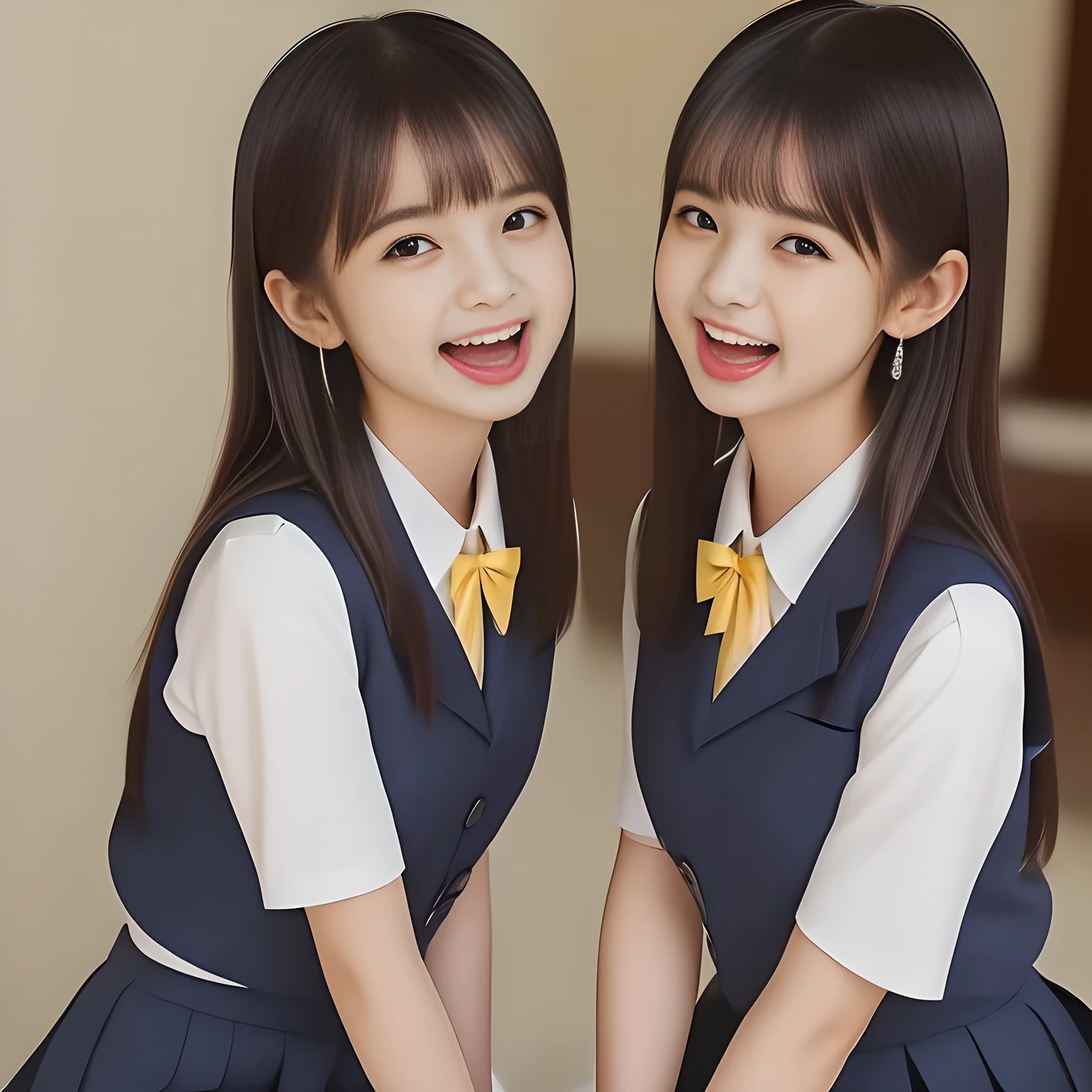(highest quality, masterpiece, high resolution:1.2), 4K, (Photo quality detailed foreground: 1.2), geometry, ((Two yo too beautiful noble girls are singing (with lewd single white microphone) together), Cute noble beautiful slender girl girly very-long-hair Japanese photo model seated in a white room and looking at the viewer with her too beautiful eyes like ( fashion model's laughter): 1.3), (Using expensive face-whitening cosmetics to make her skin more beautiful and pure by professional makeup artist: 1.5), ((Dark blue) Japanese school girly vest Uniform with neat girly light-yellow short-sleeves school blouse, puffed short sleeves: 1.8), (white socks and school loafers, kicking back: 1.5), (Dark red glossy glossy school ribbon on the breast: 1.0), (Extremely laughing cheeks: 1.8), (Beautiful light-amber large clear open eyes with balanced and detailed cutely: 1.4), (double eyelids: 1.0), (highly curled bangs: 1.2), (Expressing the greatest joy with her whole body: 1.2), (Glossy lips: 1.0), (too long very straight hair reaches her hips: 1.7), (cute earrings), (making the viewer crazy with her beautiful hands: 1.6), (white and clear skin: 1.0), (Laughing 13 cute princess's eyes looking at me: 0.8), (Very shy, cute, slender, pretty, pretty, too girly & Girlish: National Beautiful Girl Grand Prix winners: 2.0), (Everything is organized to have strong effect of hypnosis for the viewer to fall into happy dream with many beautiful girl's laughter: 1.5), (The viewer must be transferred to the world of only beautiful girls right now when he sees the laughter of girls in the picture: 2),(Tight waist, slender: 1.5), (The neat beautiful girls know well about the viewer's super fetishism for school uniforms, and satisfies the viewer's (lewd white microphone) completely with skirt and beautiful hands grasping from front and back: 1.9), (white microphone: 1.8)