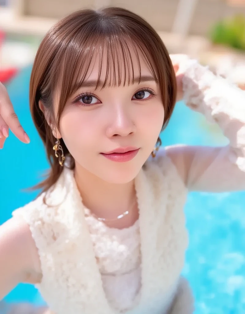 Masterpiece, photogravure, highest quality, clear contours, (One Girl, alone), Japanese woman, 30 years old, lipstick, cute face, detailed face, beautiful eyes, detailed eyes, focus on the eyes, bob hair, Anatomically correct body structure, wearing body-fitting costumes, , lifting butts, shot from the front