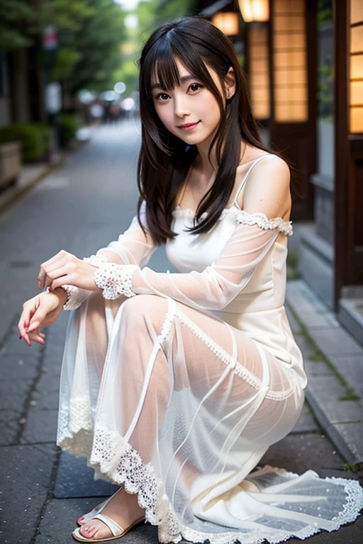 A Japanese model in a gorgeous white dress is posing、semi-long black hair、lace long dress、Neat and beautiful Japanese idol、looking at camera、 beautiful eyes in every detail 、 cute smile、 Gentle and gentle expression  