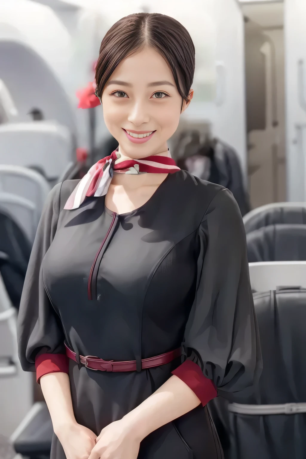 (masterpiece:1.2, top quality :1.2), 32kHDR, high image quality , (alone、 1 girl)、( On board )、Cabin background、( wearing a JAL flight attendant uniform )、(( short sleeve jumper skirt in a JAL flight attendant uniform {x} JAL flight attendant uniform 、I'm wearing a red belt around my waist 、 scarf wrapped around neck ))、 dark brown hair 、( super long hair wrap hair 、 blade wrap up hair )、 、 long hit 、Big Breasts、 Read more、(( amazing hand :2.0)),(( A harmonious body shape :1.5)),((Normal limbs:2.0)),((The usual :2.0)),(( Delicate Eyes:2.0)),((Normal eyes:2.0)))、smile、( beautiful standing figure wearing a JAL flight attendant uniform )、 with their hands crossed under their bodies