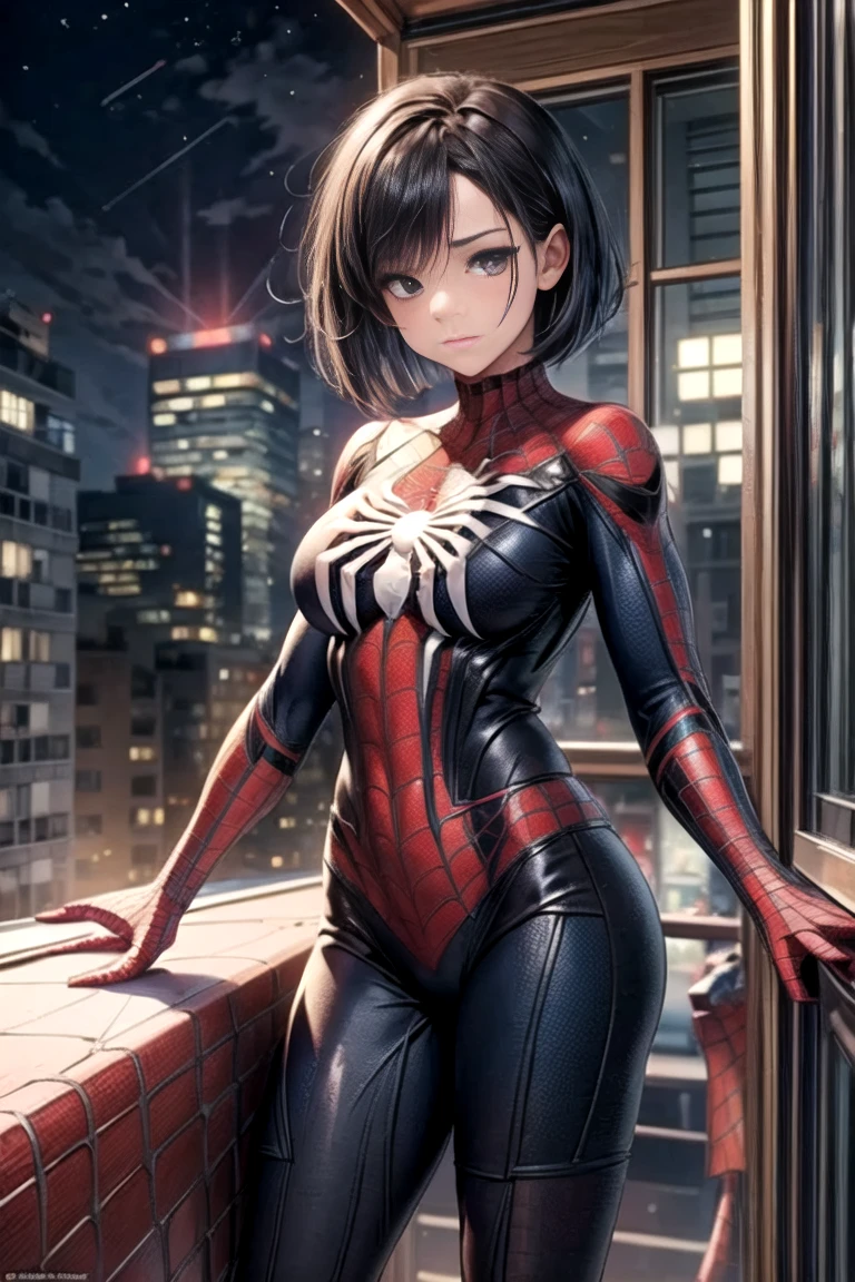 Female Spider-Man,Adsorbed on the wall,looking at viewert