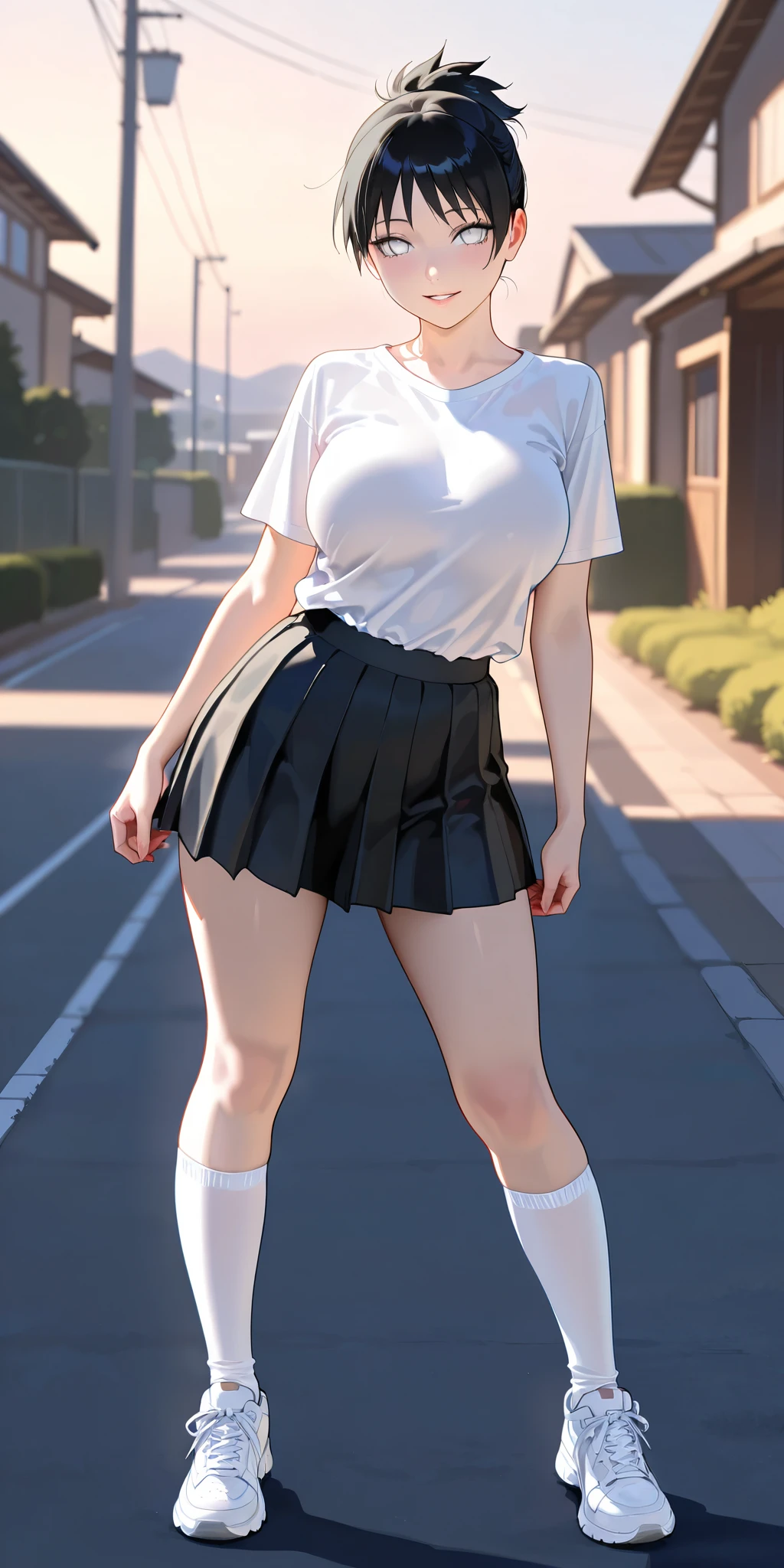 masterpiece, best quality, ultra-detailed, illustration, wide angle, 1girl stand in the middle of road, solo, road in the middle and pink cherry trees on roadside, full body, 20 yo, pink hair, sweater, short skirt, fashion,, composition, balance, harmony, rhythm, color, light, shadow, reflection, refraction, tone, contrast, foreground, middle ground, background, naturalistic, figurative, representational, naked, tits, nipples, pussy, visible tits