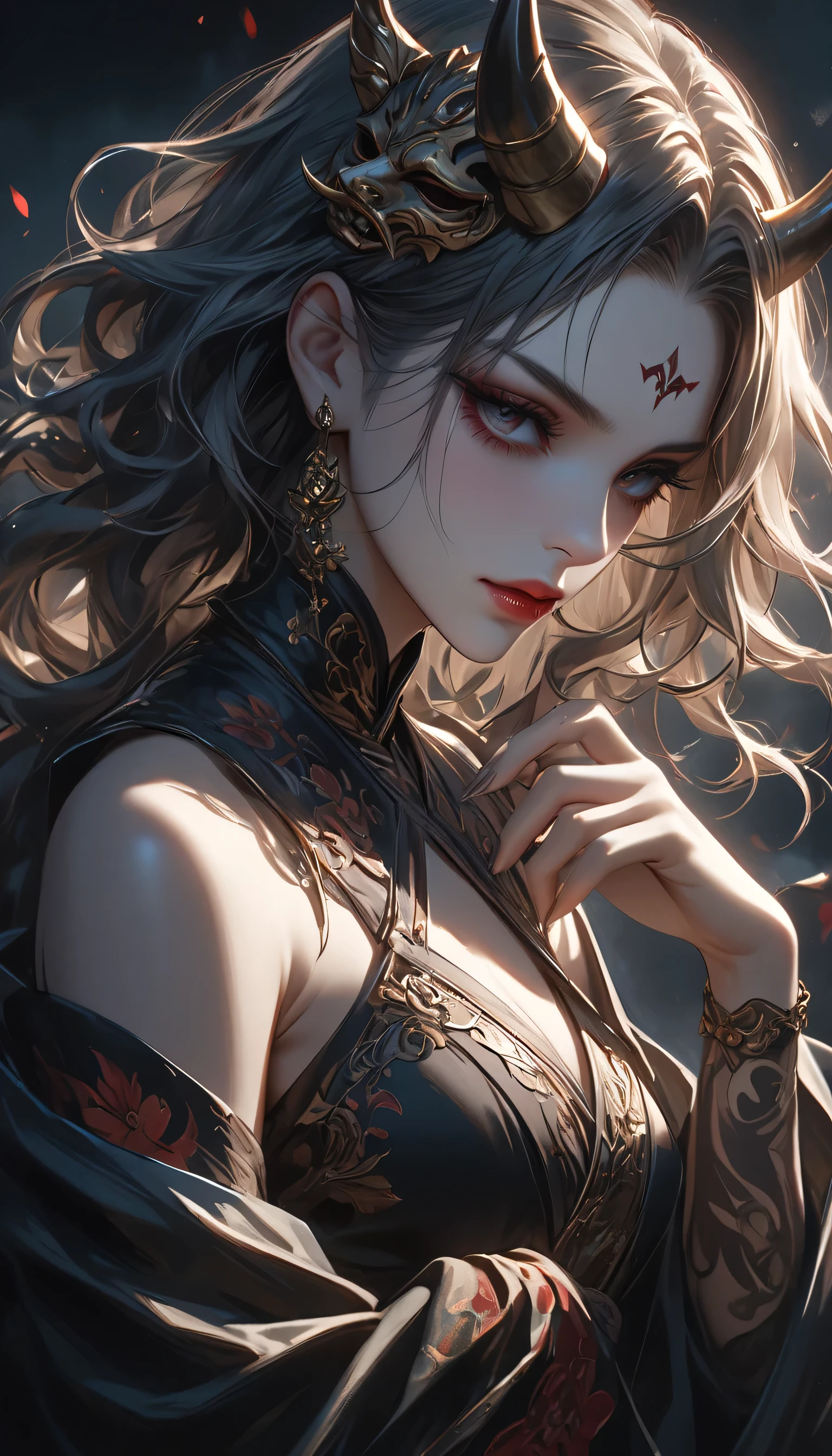 (best quality,4k,8k,highres,masterpiece:1.2),ultra-detailed,(realistic,photorealistic,photo-realistic),dramatic lighting,cinematic composition,melancholic,emotional,powerful,impactful, Beautiful female ogre with uncovered oni mask[[ultra detailed revealing oriental dress intricate details]], oriental tattoos, extremely detailed eyes, beautifully detailed lips, extremely detailed face, long eyelashes, 1girl, solo, Dark dramatic atmosphere, moody, cinematic, somber, high contrast, High fantasy, pose smoking kiseru 