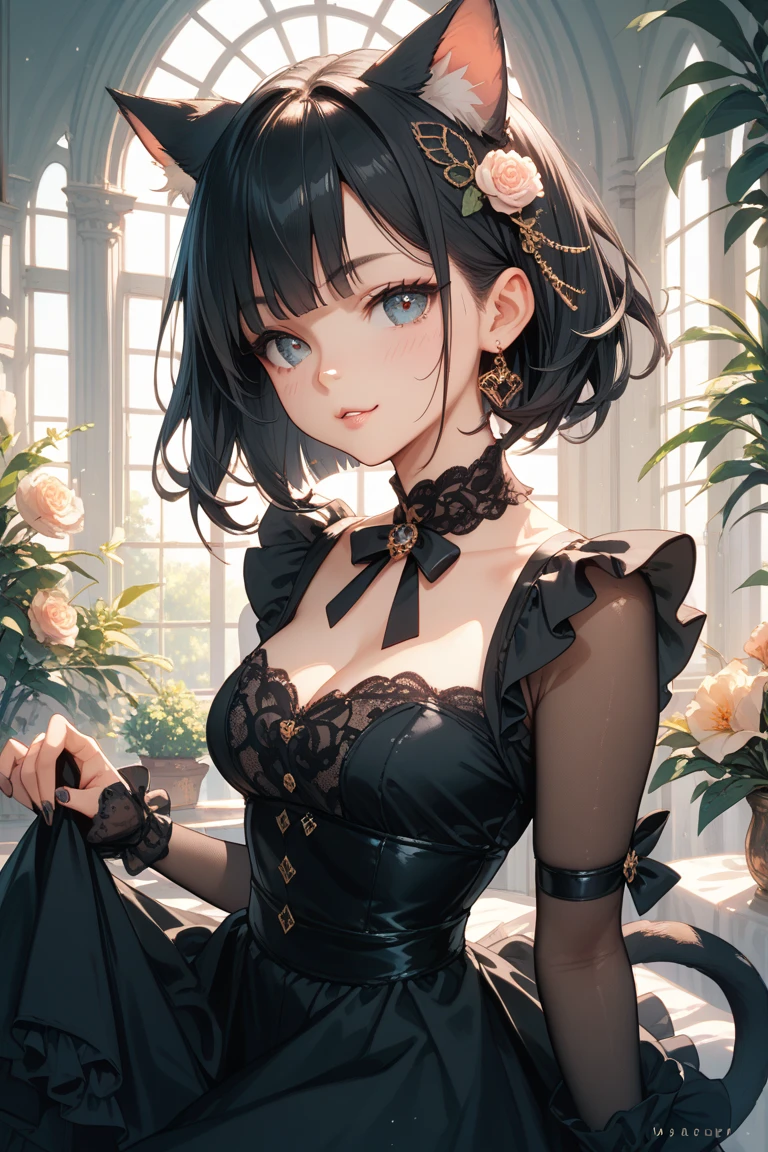 absurdres, RAW photo, extremely delicate and beautiful, masterpiece, Best Quality, ultra high resolution, 32k, hyperrealistic, ultra-detailed, perfect figure, in her 20s, very small head, very small face, delicate facial features, tearful mole, earring, huge breasts, full body shot, medium hair, black hair, intricate Romantic Victorian Gothic Outfit,