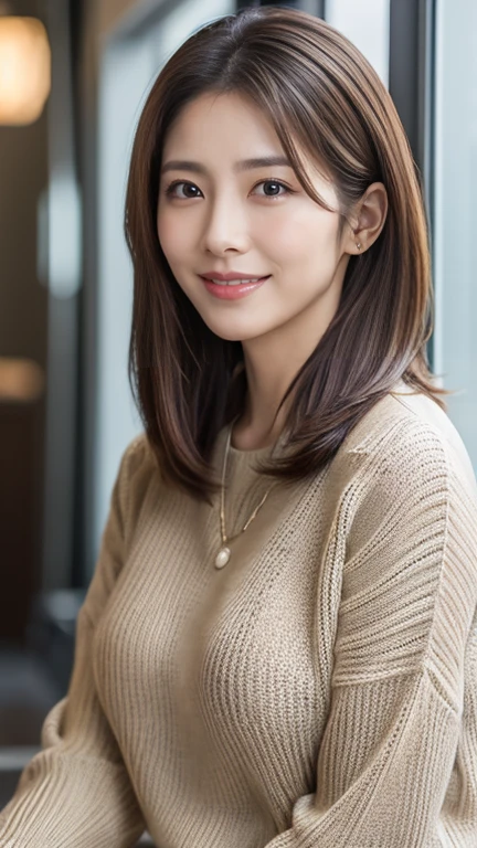 ((Best Quality, 8K, masutepiece :1.3)), Sharp Focus :1.2, beautiful mature women, 48yo, A MILF, ((Loose knit shirt)), downbrouse, ((Leaning forward)), (Huge breasts), (Smile:1.2), Highly detailed face and skin texture, Detailed eyes, (Round face:1.4), Shop at the morning market1.5、Capturing the whole body from a distance2.0