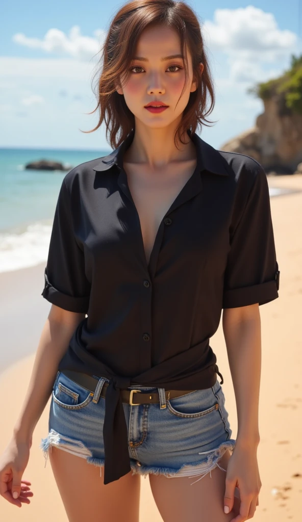 An Arab woman in a black blouse and denim shorts is standing in front of a boat in a bra and shorts in street clothes, beautiful body and face, perfect body, torso plano, Portrait of Sophie Mudd, young and sweet girl, chica sexy, 2,
