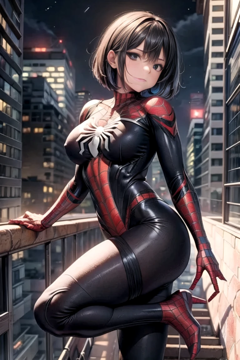 1 female has perfect body，wearing A loose Spider Man Uniform，kneeing on the roof，Hands behind head，Spreading legs