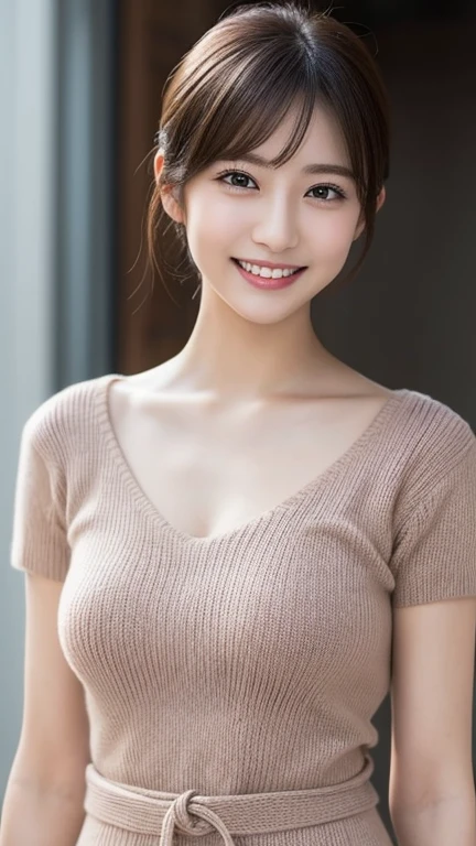 (surreal), (Enlightenment), (high resolution), (8k), (Very detailed), (The best Enlightenmentns), (Beautiful and delicate eyes), (top quality), (Super detailed), (Masterpiece), (wallpaper), (Detailed faces), 18 year old girl,Show beautiful armpits,short or medium hair,Upper body only,Girl in sleeveless sweater, Japanese, 巨big deal山雀, (camel toes)、big breasts、巨big deal山雀、big deal、a smile