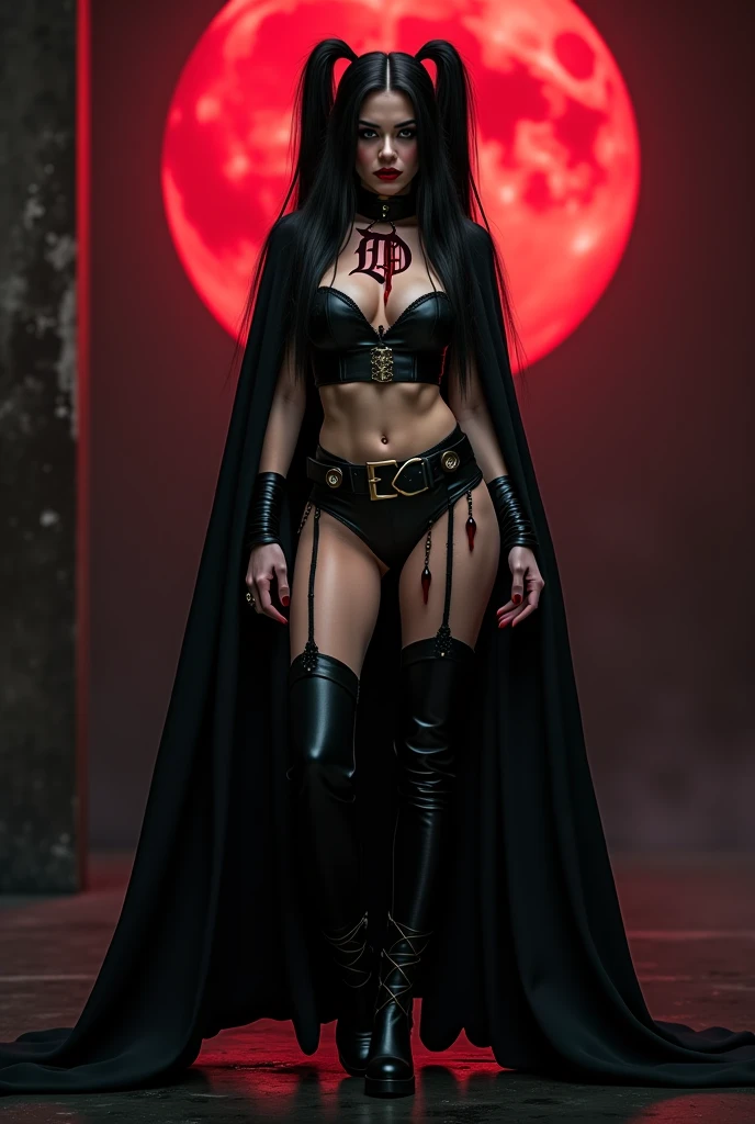 A  red skin demon woman, black horns,  black robe with red accents and gold chains, black open pants layering over a red shorts, full bodied, full black background, full body view, 4k, highly detailed 