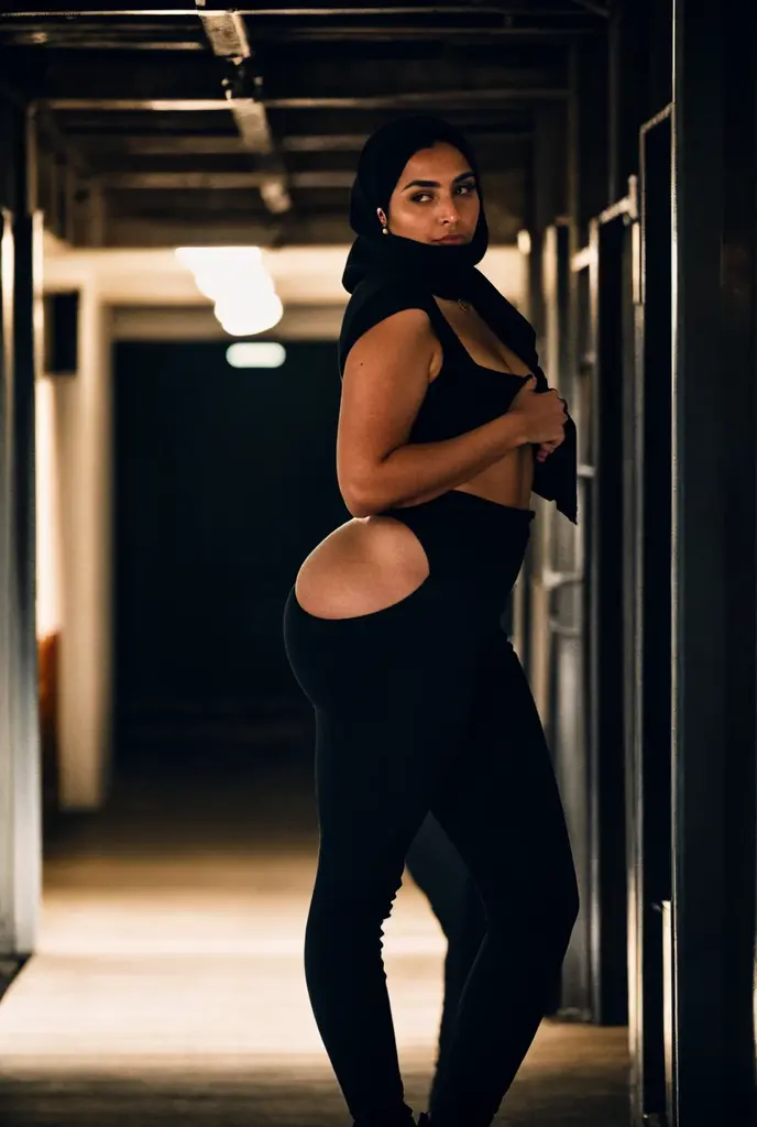 RAW photo,dark,moody,hazy atmosphere,35mm focal lenght,underexposed,cold,candid photograph,artistic,full body,photo of a beautiful,influencer,30yo Iranian woman,black, hijab,detailed skin,naked, looking away from viewer, thick body structure,grey background,no background, candid pose,dim room,blue light, film grain, kodak color, instagram LUT