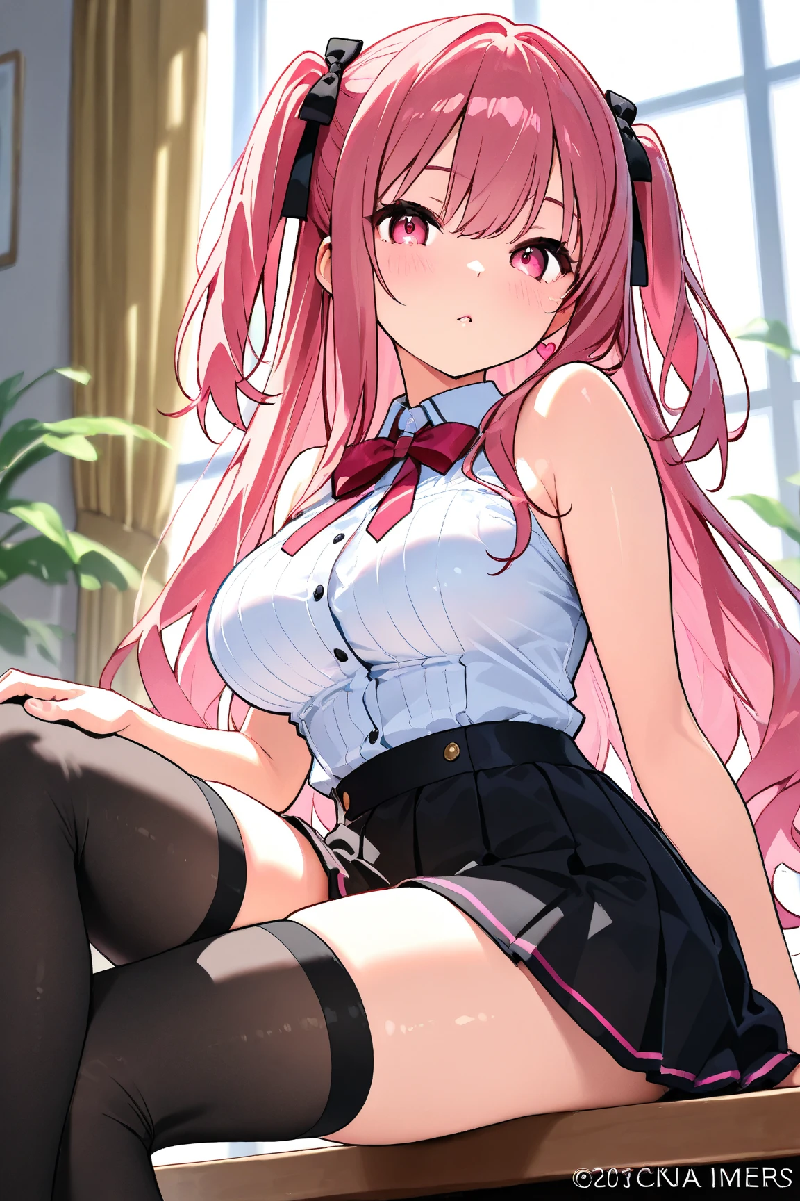 (masterpiece:1.3), (Highest quality:1.1), (8k, Super detailed), (Ultra-high resolution), (Anime Style), (Five perfect fingers), (Perfect Anatomy), One girl, long hair, Wavy Hair, Pink Hair, Purple eyes, slim body, small Breasts,  thin legs, (Satin Corset), mini skirt, Lace Garter Set, looking at viewer, open mouth, (pink Lace Panties), (show off panties), (from below), spread legs, Cowboy Shot, indoors, living room