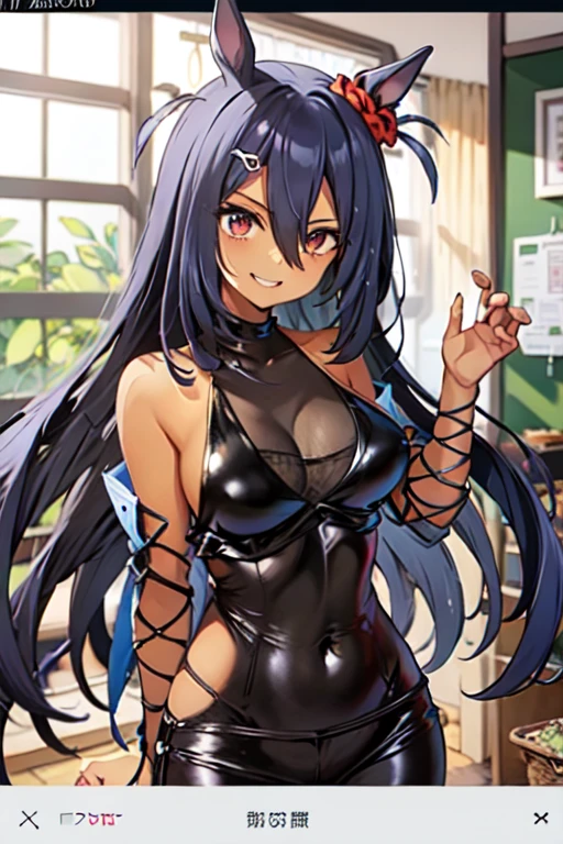 masterpiece, highres, best quality, absurdres, official, (bodycon), microdress, 1girl, solo, (manhattan cafe \(umamusume\)), yellow eyes, (hair over eyes), hair between eyes, skindentation, extremely wrinkled shiny clothes reflecting light, latex, skin fit, arms behind back, gleaming skin, waist cutout, bare shoulders, necklace, detached sleeves, belt, chain, condom, handbang, accessories, jewelry, miniskirt, navel, glamorous perfect female proportion, captivating smile, blush, venue, (dark skin, dark-skinned female), blonde hair