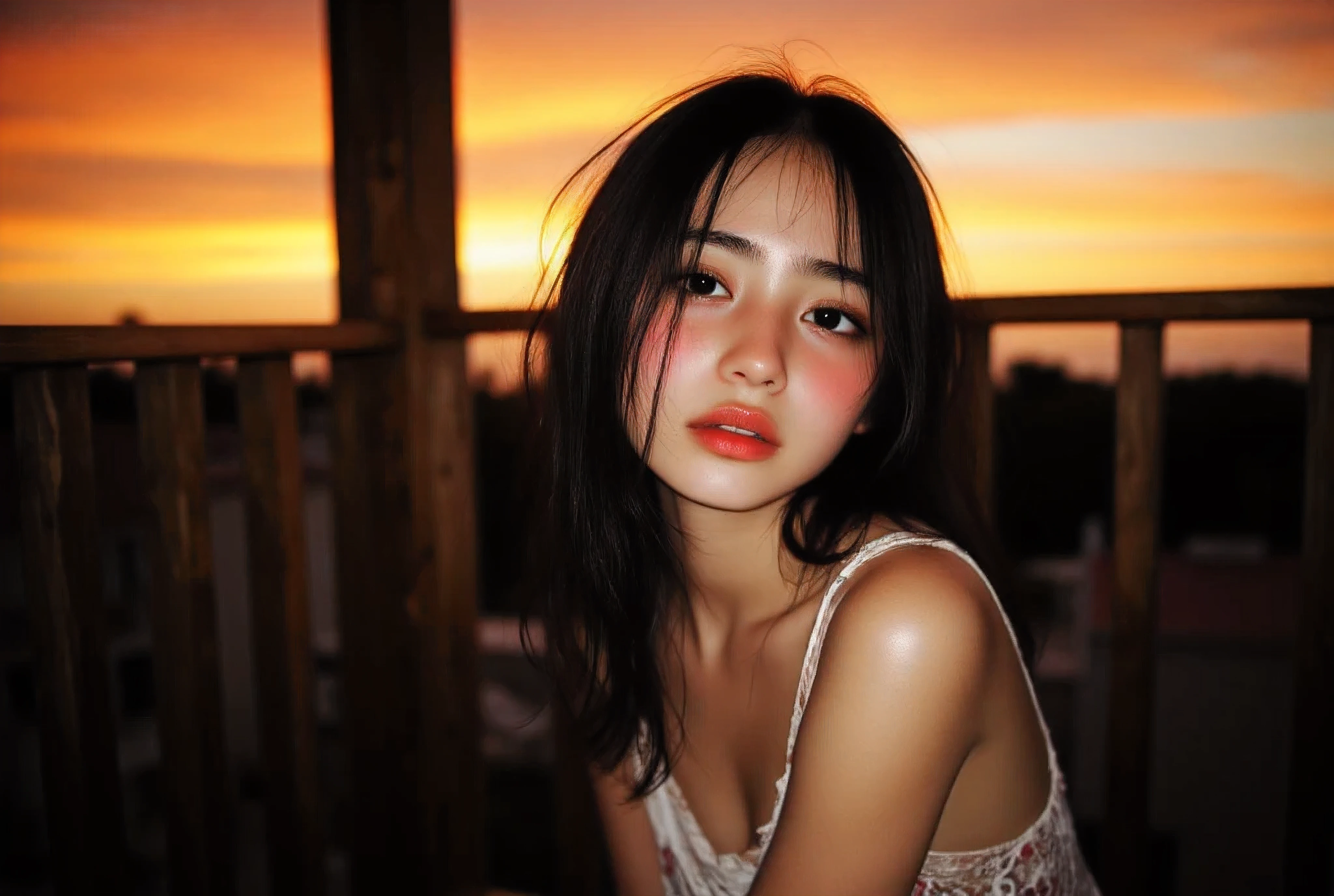(portrait style flash photography for fill light) (Large and prominent enormous breasts) Beautiful young sexy pre- adolescent little small Russian-Asian girl relaxed and chill sitting on the comfy sofa at the veranda during sunset,outdoor balcony/veranda, fiery amber skies sunset, reclaimed wood bannisters, wearing a highly revealing and alluring low-cut sheer and nightgown. realistic,life-like skin texture,symmetrical,aesthetically pleasing,cinematic composition,detailed portrait,photorealistic,masterpiece,ultra-detailed,sharp focus,physically-based rendering,extreme detail description,professional,vivid colors,high resolution,4K,studio lighting,dramatic lighting,dramatic shadows,dramatic atmosphere,dramatic background,dramatic pose,cinematic framing,cinematic lighting,cinematic camera angle,cinematic depth of field,moody,dark,chiaroscuro,dramatic color palette,dark and moody,dramatic colors,