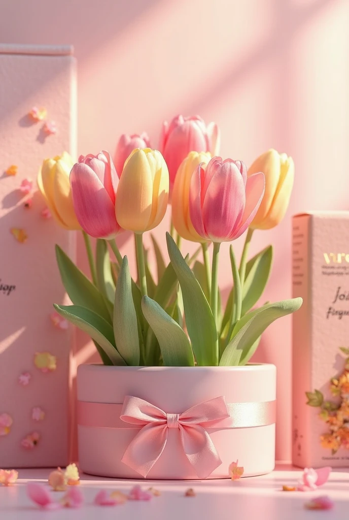 with tulips and pink packaging