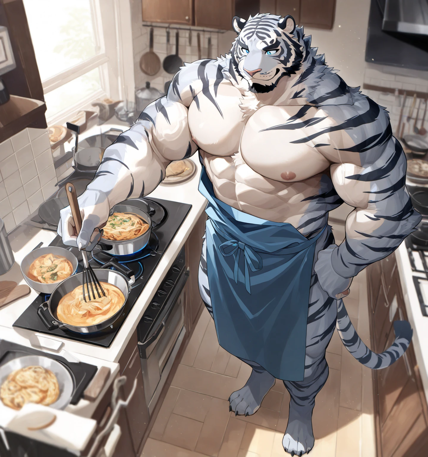 ((best quality)), ((masterpiece)), (detailed), 8k , perfect face, bara furry, tiger man 35 years old, big body , short quiff gold hair, gold beard , red eyes, perfect eyes, handsome, sexy , back side , looking at stove, kitchen , cooking , apron , soup