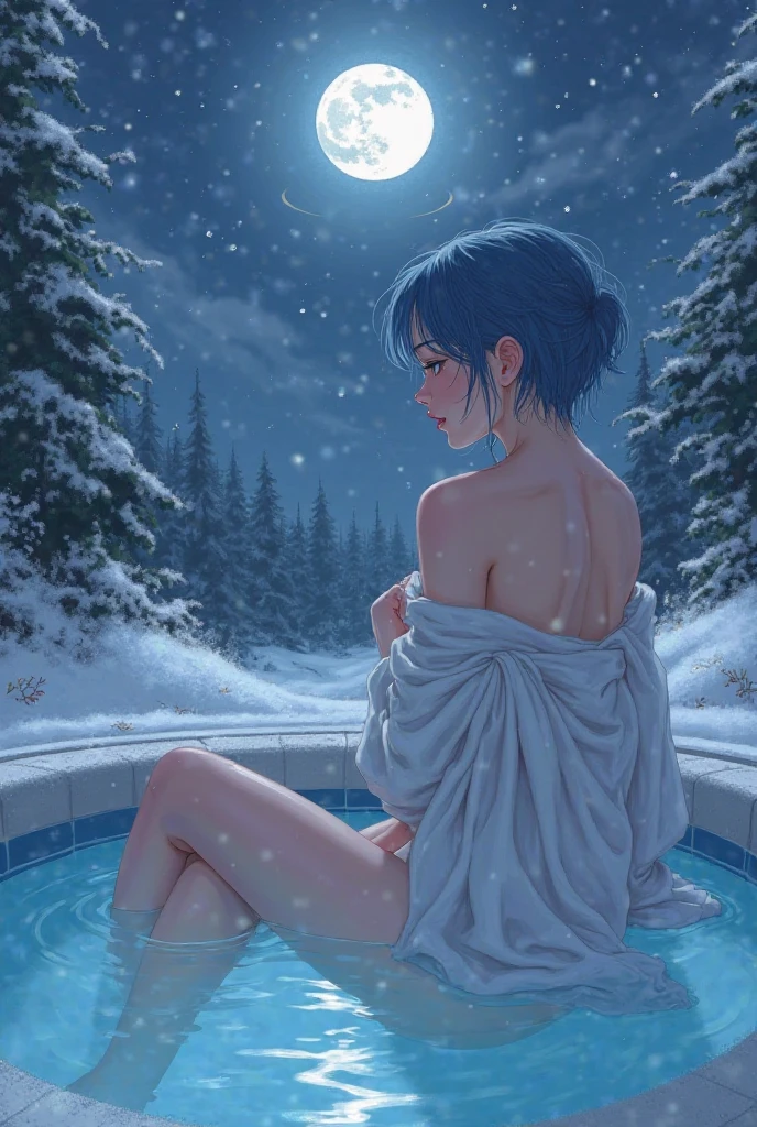 1girl, (solo), short ponytail hair, light blue hair, flat chest, small size, blue eyes, fair skin, full nude, full body, lot of cum on sex, lying, legs spread, happy, (night), moon, frozen lake, forest behind, (very sexy body, detailed face, masterpiece, highly detailed, 8k, best quality, vibrant colors, digital art, concept art)