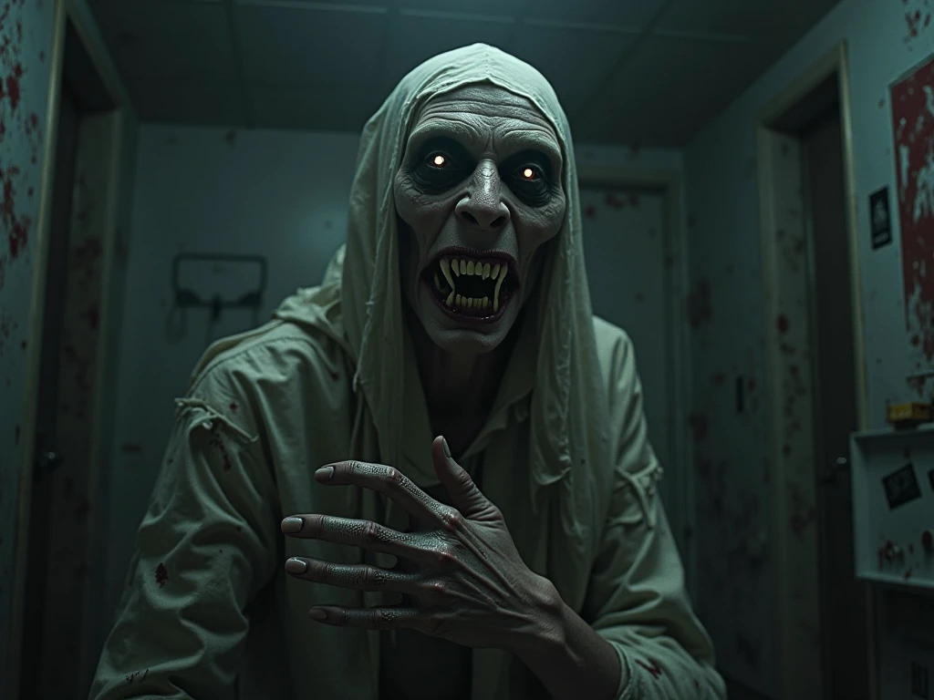 make a creature that looks like a horrible woman with big nails, with his deformed face with his mouth sewn shut and sunken eyes in an old abandoned house going after three teenage men