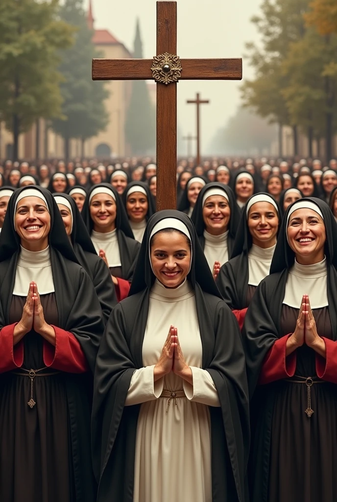 Smiling Catholic women of different professions carrying the cross aloft accompanied by the Virgin Mary in a prayerful attitude