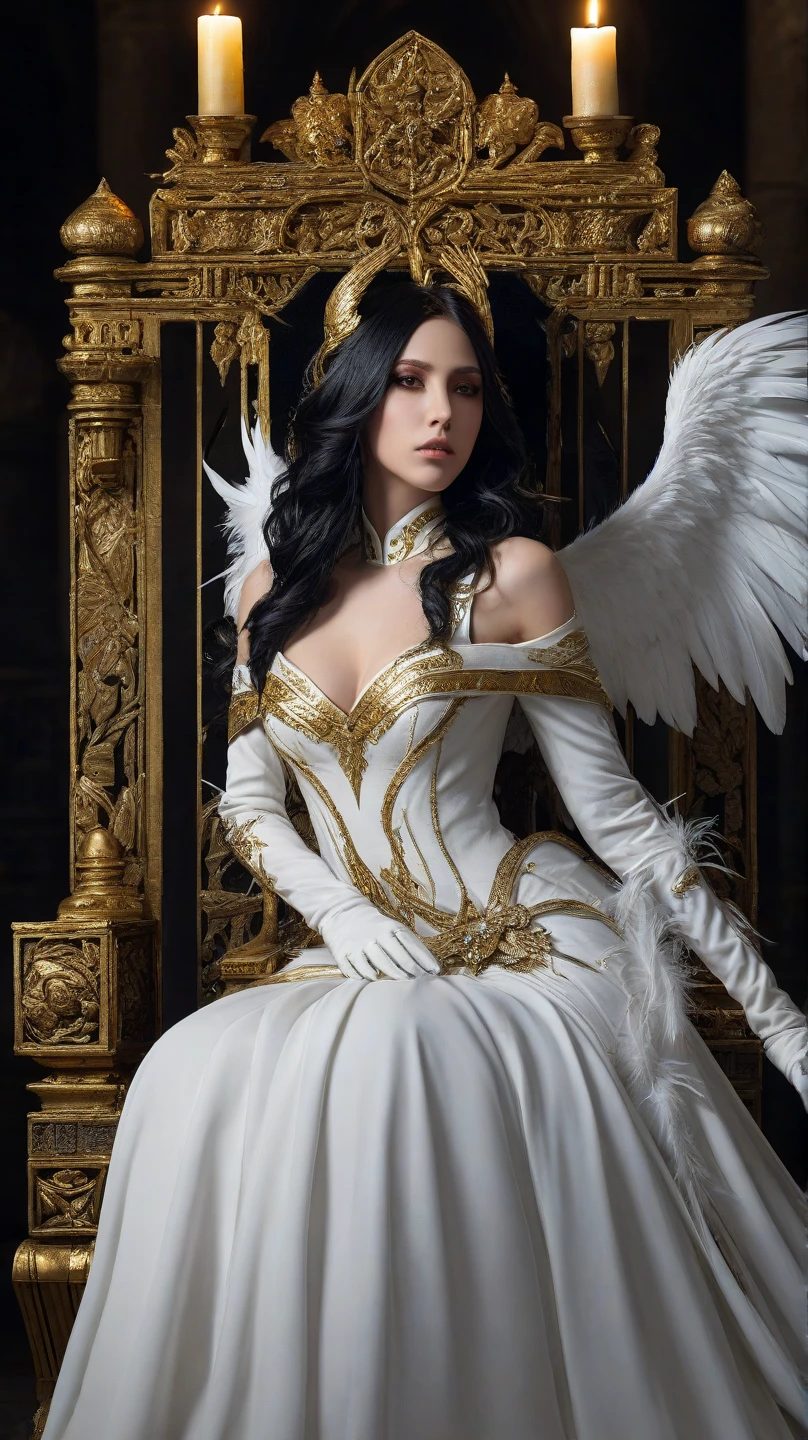 full - body: 1.6, (((Sateen, zipper))), (((Posture of walking facing the viewer, Slow motion, (Rogue thief: 1.2) The woman))), (((There are tears on my face))) (((multi-layered sewn garments, white silk cloak, black silk dress))), (intricately patterned cloth: 1,2), (insanely detailed, Blossoming: 1,5), (topquality, Alessandro Casagrande,
by Greg Rutkowsky, Sally Mann, ConceptArt, 4k), (analog:1.2), (High Sharp), (Detailed pupils:1.1), (painting:1.1), (digitalpainting:1.1), detailized face, eyes and body, tmasterpiece, beste-Qualit, (Highly detailed: photo:1.1), 8K, photo-realistic, (long lush hair, ecstasy:1), (A young woman:1.1), by Jeremy Mann, by sandra chevrier, by maciej kuciara, Sharp, (the perfect body:1.1), realisti, A real shadow,  3d, (Background of the Castle of Europe:1.2), (Michelangelo), the angel of death, Innocent, eyes, diadem, angel wings, black clothing, full - body, Hands Behind Your Back, The sky, Halo, postapocalypse, Detailed armor