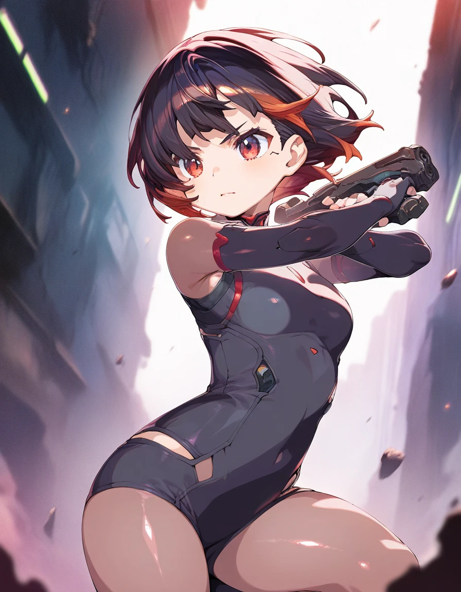 Ten_years_old girl, high cut leotard, platform heels, soldier, figthting, battle, angry scream, fullbody, gun, stockings,
