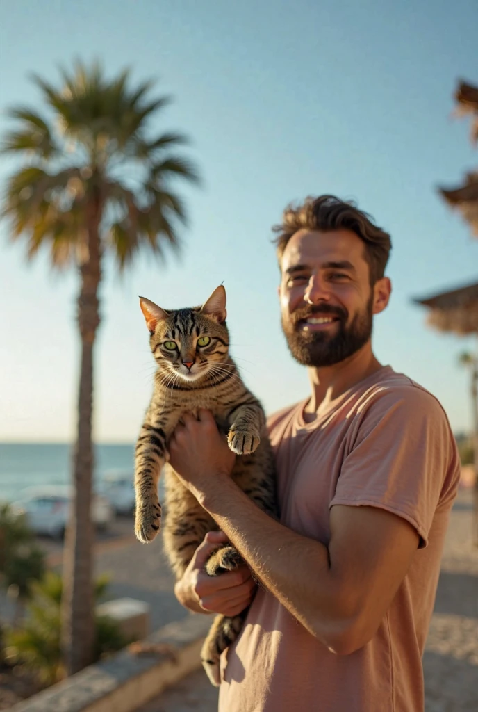 A 22 year old young man, athletic, with short hair and short beard, portant un chapeau et un chat sur l'épaule, On a sunny beach."