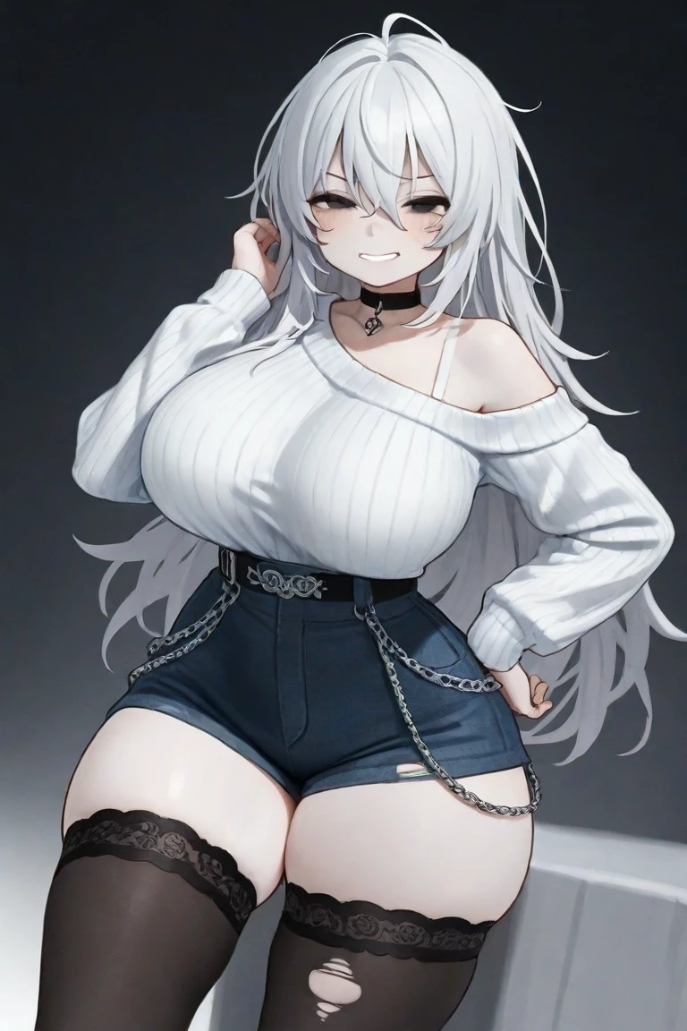1girll, Solo, standing, Upper body,
White hair, Long hair, Curly hair, Messy hair, (Blunt bangs:1.2), Horns, Sheep horns, White horns,
Blue eyes, view the viewer,
choker necklace, White shirt, White shorts, Short shorts, white thighhighs, (skin indentation:1.2),
Curvy, Large breasts, Covered ,
(White background, Simple background:1.4), WLSDNJS950, (Thick lines:1.2),