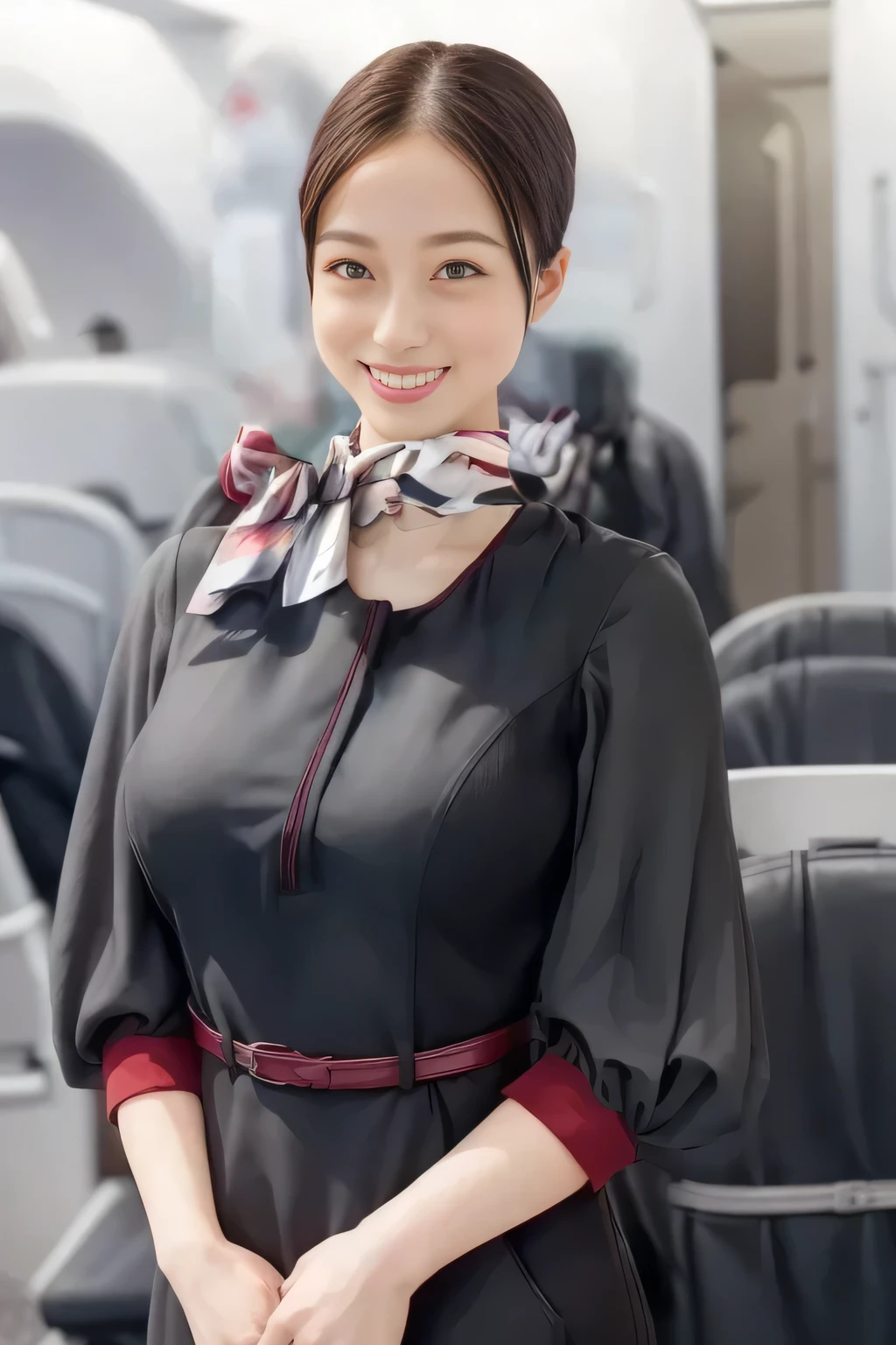 (masterpiece:1.2, top quality :1.2), 32kHDR, high image quality , (alone、 1 girl)、( On board )、Cabin background、( wearing a JAL flight attendant uniform )、(( short sleeve jumper skirt in a JAL flight attendant uniform {x} JAL flight attendant uniform 、I'm wearing a red belt around my waist 、 scarf wrapped around neck ))、 dark brown hair 、( super long hair wrap hair 、 blade wrap up hair )、 、 long hit 、Big Breasts、 Read more、(( amazing hand :2.0)),(( A harmonious body shape :1.5)),((Normal limbs:2.0)),((The usual :2.0)),(( Delicate Eyes:2.0)),((Normal eyes:2.0)))、smile、( beautiful standing figure wearing a JAL flight attendant uniform )、 with their hands crossed under their bodies
