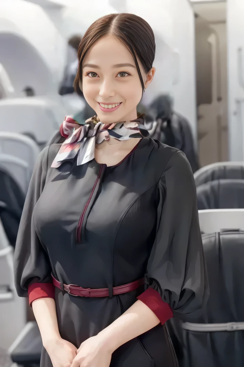 (masterpiece:1.2, top quality :1.2), 32kHDR, high image quality , (alone、 1 girl)、( On board )、Cabin background、( wearing a JAL flight attendant uniform )、(( short sleeve jumper skirt in a JAL flight attendant uniform {x} JAL flight attendant uniform 、I'm wearing a red belt around my waist 、 scarf wrapped around neck ))、 dark brown hair 、( super long hair wrap hair 、 blade wrap up hair )、 、 long hit 、Big Breasts、 Read more、(( amazing hand :2.0)),(( A harmonious body shape :1.5)),((Normal limbs:2.0)),((The usual :2.0)),(( Delicate Eyes:2.0)),((Normal eyes:2.0)))、smile、( beautiful standing figure wearing a JAL flight attendant uniform )、 with their hands crossed under their bodies