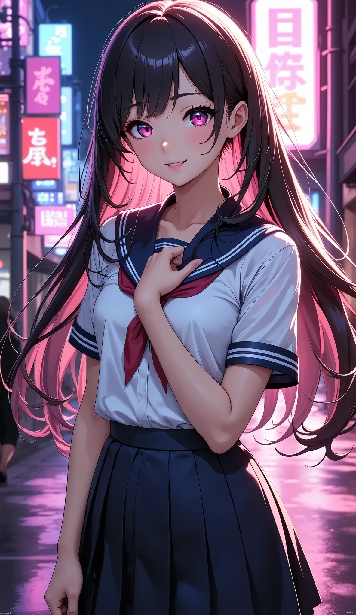 1 girl, Cute sol gixy female model, (可愛いセーラー服のgirls, skinの質感), illuminated with neon lights, High Precision, 4K, 8k, Masterpiece with natural light, Extremely Detailed Depiction, realistic, Photographic, HDR, UHD, Studio Lighting, Ultra Fine Painting, SHARP FOCUS, physically-based rendering, extreme detail, professional, Brilliant Colors, Bokeh, girls, upper body, standing, uniform, Emoji, smile, Line of sight, hair, skin, Decoration, background, Light, shadow, artwork, conceptual art