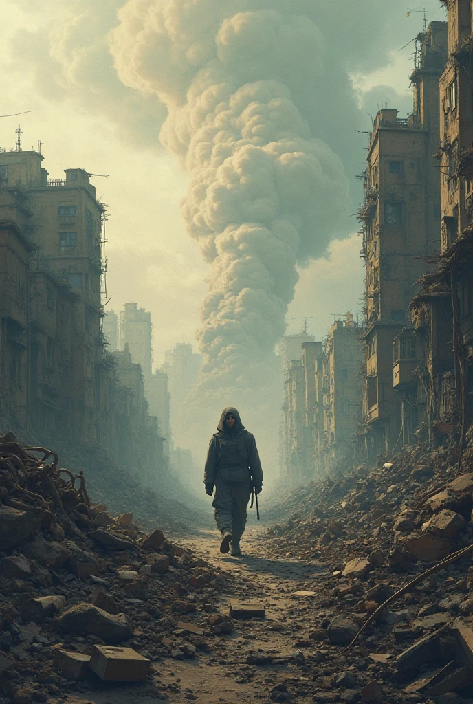It depicts a world in the grip of war.。A dark sky over a big city in the background、Smoke rising from ruined buildings、A scene where part of the street is collapsing。The image shows flashes of explosions and fighter jets flying in the distance.、The sense of urgency is emphasized。The sky is cloudy、Overall, dark and cold colors dominate.。people々The figure of is depicted dimly like a shadow.、They are depicted only in silhouette, expressing fear and anxiety.。The overall atmosphere is heavy、The sense of danger lurking in the silence is emphasized.。