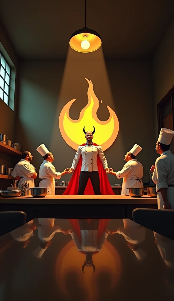 Orchestra conductor who is a devil dressed in chef's clothes with a devil's tail in total harmony comic , receiving orders in the kitchen full of fire trying to make everything work while the other cooks watch in amazement