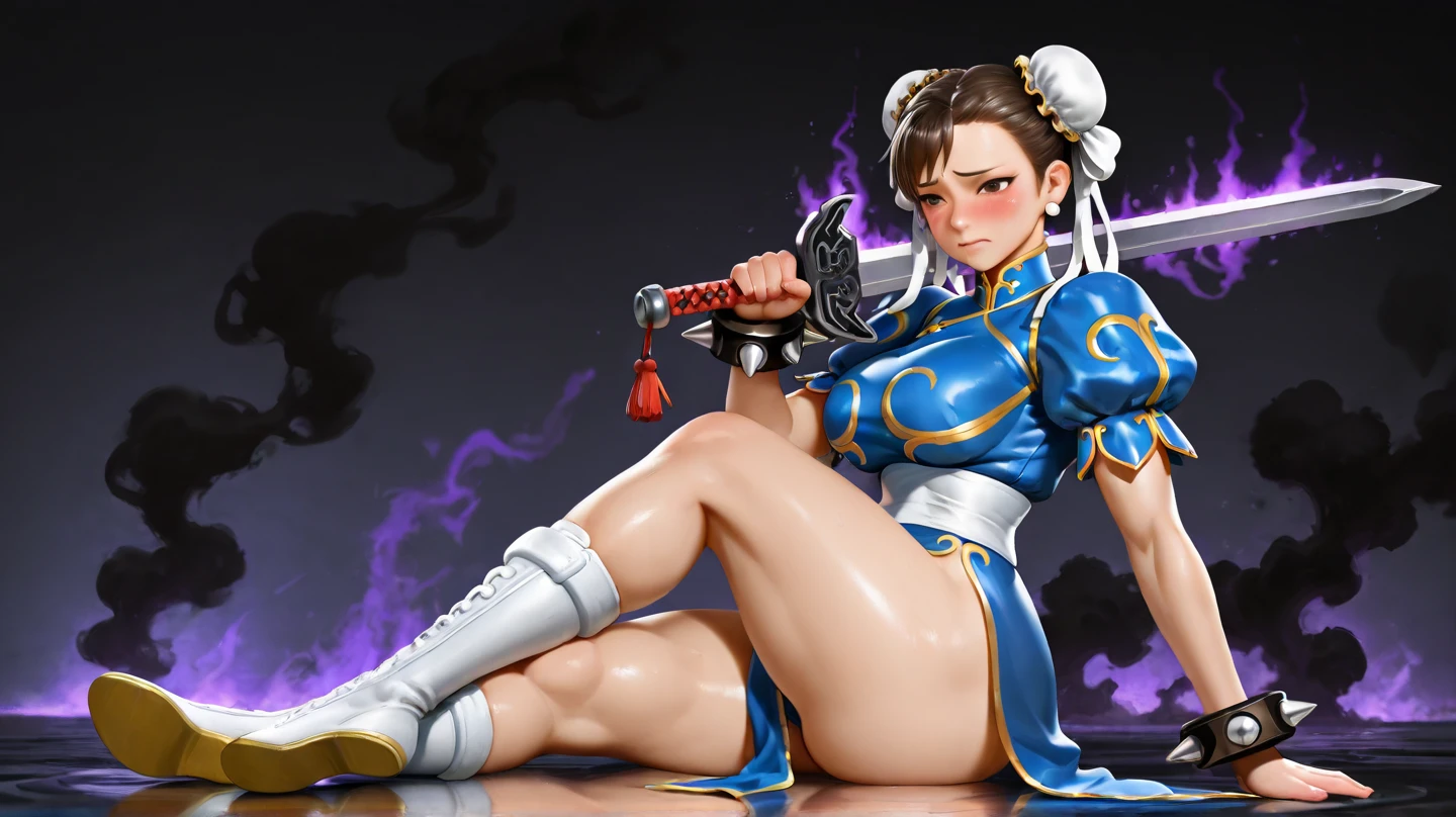 《Street Fighter II》Chun Li in,Perfect Chun-Li costume,Blue gold thread cheongsam,bun tou,good cover,fighting stance,masterpiece、1 beautiful girl、beautiful eyes、puffy eyes、best quality, 超high resolution, (Reality: 1.4), light、Japanese、asian beauty、Korean、Super beautiful、Beautiful skin、body facing forward、face close-up、(超Reality的な)、(high resolution)、(8k)、(Very detailed)、(美しくbeautiful eyes)、(super detailed)、 (wall-)、Detailed face、明亮的light、professional lighting、looking at the audience、look directly、side fringe、nogizaka idol、korean idol、masterpiece, best quality, masterpiece, best quality, perfect face, Perfect brown eyes and white sclera, Bad move -5, alone, 1 girl, Upper body, brown hair, from SF2, low cut，Chinese service, Smile, muscular woman, blue clothes, pantyhose, pelvic curtain, puffy short sleeves,  huge breasts