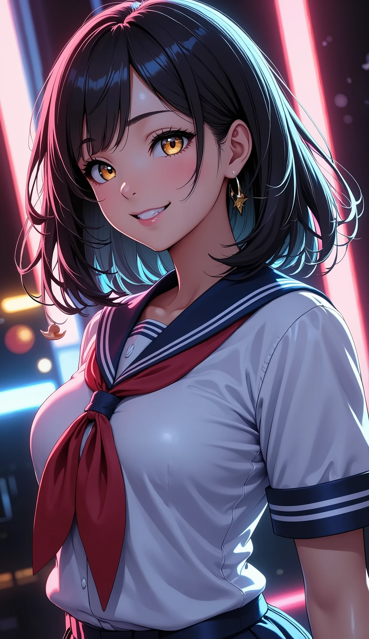 1 girl, Cute sol gixy female model, (可愛いセーラー服のgirls, skinの質感), illuminated with neon lights, High Precision, 4K, 8k, Masterpiece with natural light, Extremely Detailed Depiction, realistic, Photographic, HDR, UHD, Studio Lighting, Ultra Fine Painting, SHARP FOCUS, physically-based rendering, extreme detail, professional, Brilliant Colors, Bokeh, girls, upper body, standing, uniform, Emoji, smile, Line of sight, hair, skin, Decoration, background, Light, shadow, artwork, conceptual art