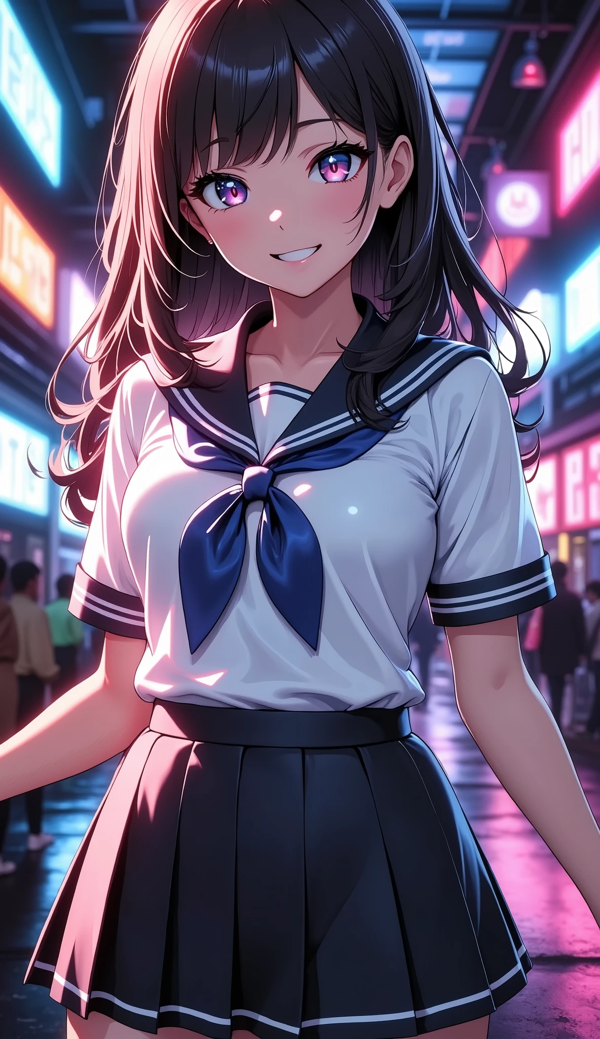 1 girl, Cute sol gixy female model, (可愛いセーラー服のgirls, skinの質感), illuminated with neon lights, High Precision, 4K, 8k, Masterpiece with natural light, Extremely Detailed Depiction, realistic, Photographic, HDR, UHD, Studio Lighting, Ultra Fine Painting, SHARP FOCUS, physically-based rendering, extreme detail, professional, Brilliant Colors, Bokeh, girls, upper body, standing, uniform, Emoji, smile, Line of sight, hair, skin, Decoration, background, Light, shadow, artwork, conceptual art
