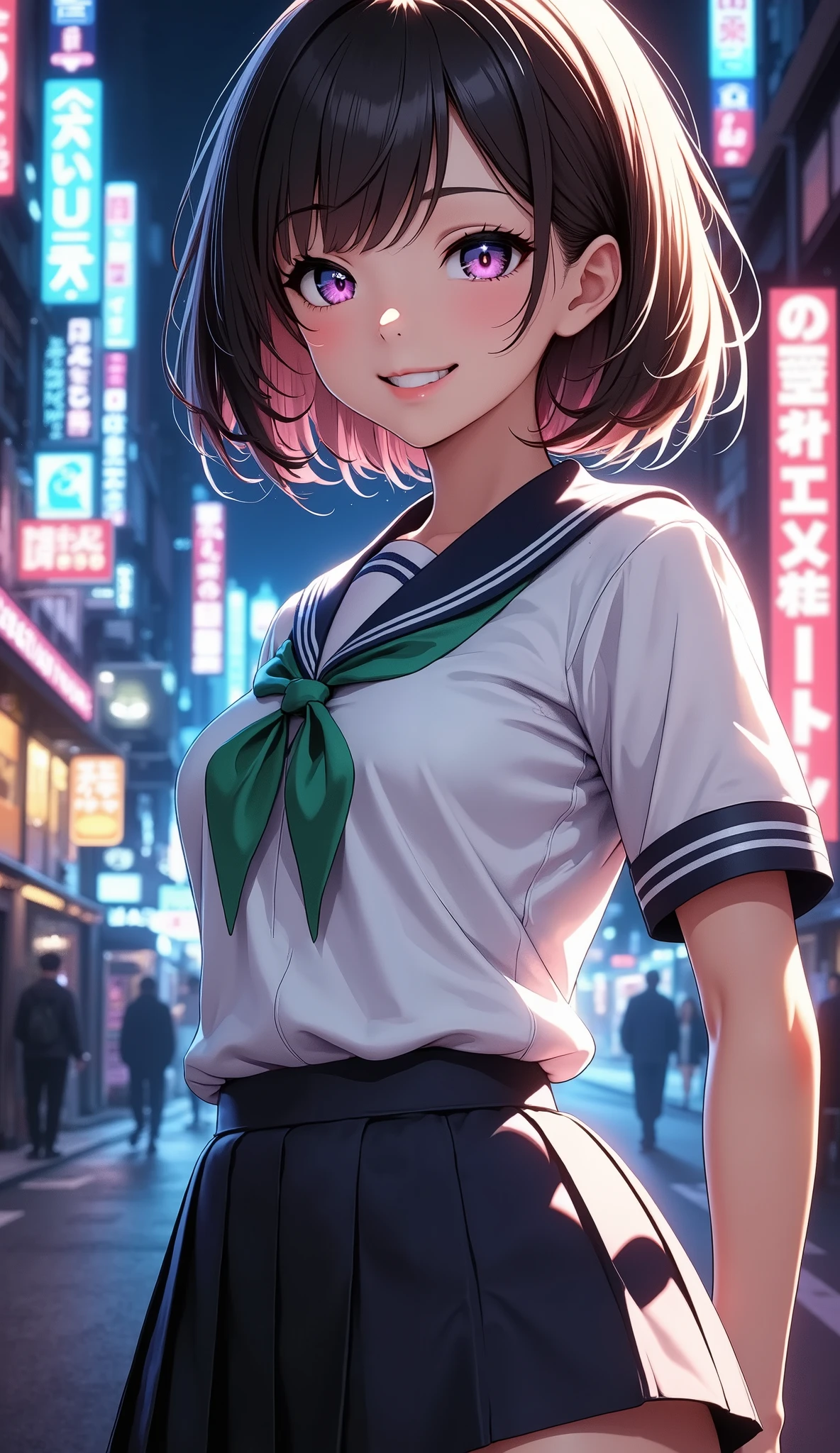 1 girl, Cute sol gixy female model, (可愛いセーラー服のgirls, skinの質感), illuminated with neon lights, High Precision, 4K, 8k, Masterpiece with natural light, Extremely Detailed Depiction, realistic, Photographic, HDR, UHD, Studio Lighting, Ultra Fine Painting, SHARP FOCUS, physically-based rendering, extreme detail, professional, Brilliant Colors, Bokeh, girls, upper body, standing, uniform, Emoji, smile, Line of sight, hair, skin, Decoration, background, Light, shadow, artwork, conceptual art