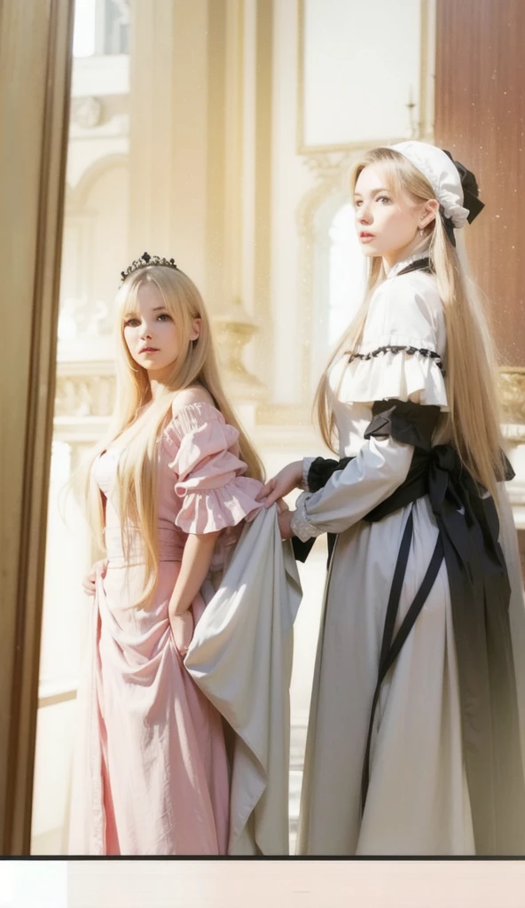 noble young princess in bride wedding lace dress and stockings sitting on throne, multiple sexy servant girls standing or kneeling in front of her wearing maid dresses and stockings in the background, full body shot, show full body from head to toes, only females on the picture, inside palace background, white and even teeth, makeup, lipstick, slim body