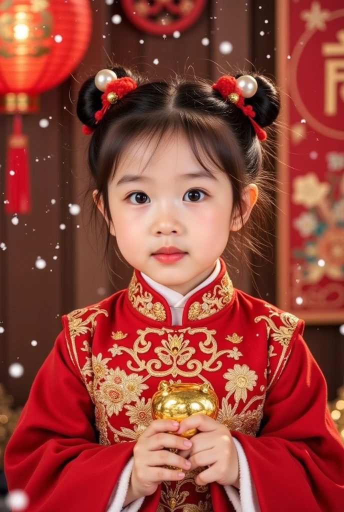 Alaphid Asian girl in red dress standing in front of dragon statue, traditional Chinese clothing, Chinese style, Hanfu, cheongsam, Chinese girl, traditional Chinese, Paired with ancient Chinese costumes, chinese princess, 身穿红色cheongsam, 2 years old, Chinese heritage, young asian girl, Shot with Canon EOS 5D Mark IV, traditional cut suit