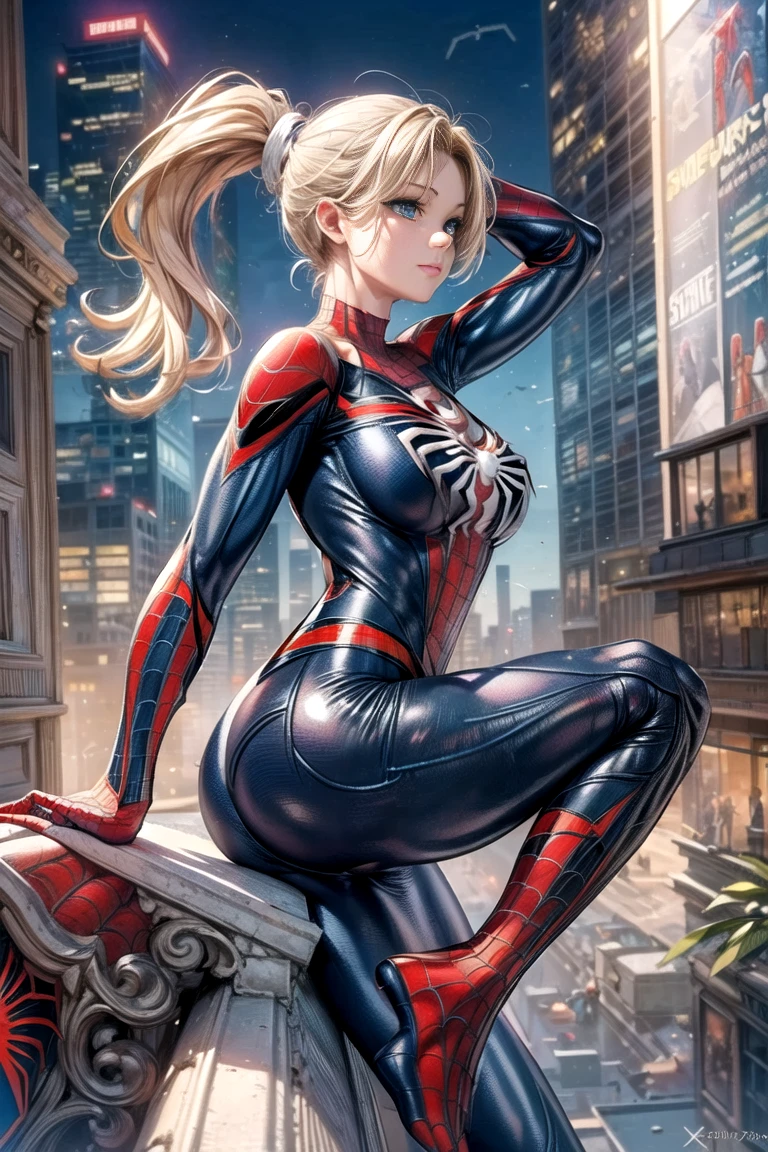 Gwen Stacy, 4k, realistic, glamorous, very detailed, in the smoke of the battlefield, wearing Spider-Man's blue-white-red uniform, she is Spider-Man, superhero theme, short blonde hair, 25 years old, full body, best angle, masterpiece photography, big breasts, tentacles, spider silk, bondage,