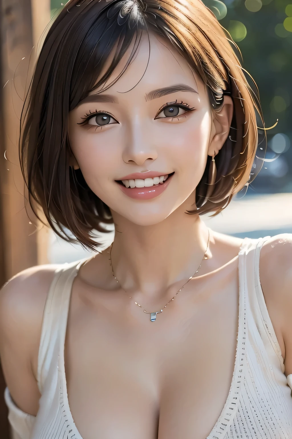 ((Realistic Light, Highest quality, 8k, Tabletop: 1.3)), 1 person, (Orgasm Facial), Slim body beauty: 1.4, Brown Hair, (Orgasm Facial), (((Extra Large: 1.3)), Off-the-shoulder cut top: 1.3, Highly detailed face, fine grain, double eyelid, My Room, smile, Saggy breasts, (((beauty of Saggy breasts))