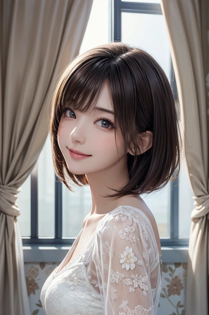 ((masterpiece)), ((Highest quality)), ((Complex)), ((Surreal)), (Realistic), (Mature Woman), ((There are no classes)), Very detailed, (1 female), Beautiful and exquisite, (Beautiful Teeth), Grin, Brunette Bob Hair, Brown eyes, ((blouse)), (Upper Body), (background:none), Perfect Eyes, Captivating eyes, Looking at the audience