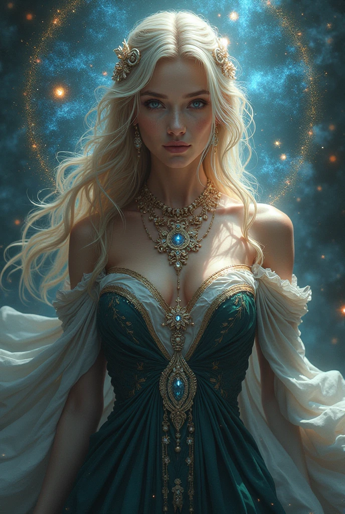 (best quality)), ((masterpiece)), (detailed)), ethereal beauty, (fantasy illustration: 1.3), enchanting gaze, captivating pose, straight blond hair, fabulously gorgeous dress showing off her shoulders , otherworldly charm, mystical starlit sky, (Luis Royo:1.2), moonlit night, soft colors, (detailed clouds:1.3), (high resolution:1.2)