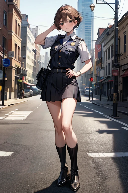 Alafed image of woman in blue uniform posing for photo, police, Blue Uniform, bobby!!, Poses variadas, military police, officer, Wearing a police uniform, Cute:2, Police Uniform, police officers, the pose, bobby, Happy!!!, full pose, idolmaster, けもの, tsuruda, Anime girl in uniform with short skirt posing for photo, Ilya Kuvshinov. 4 k, ilya kuvshinov landscape, Smooth Anime CG Art, ilya kuvshinov style, Art styles : Ilya Kuvshinov, clean detailed anime art, wearing white outfit, artgerm and ilya kuvshinov, kuvshinov ilya