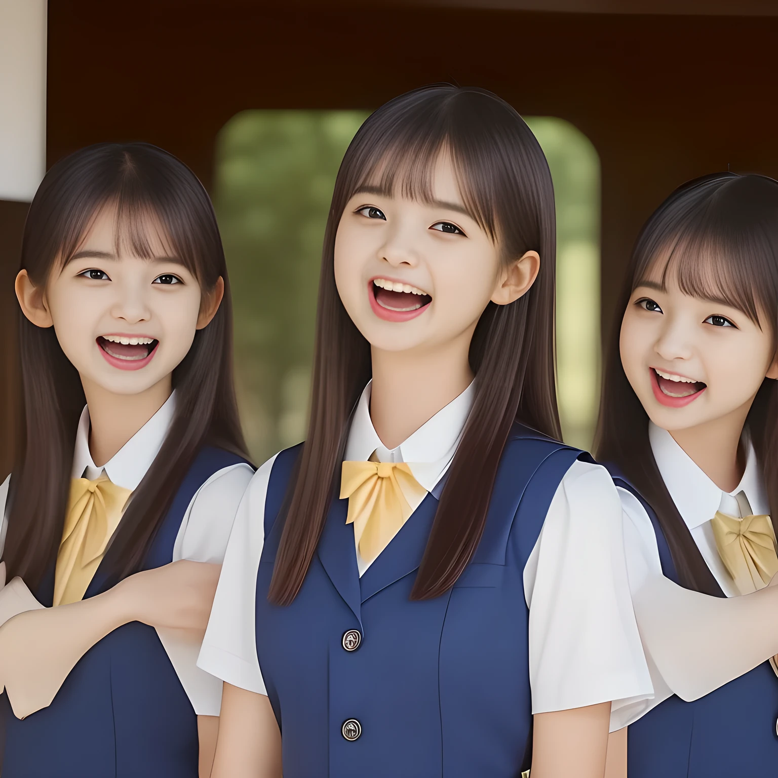 (highest quality, masterpiece, high resolution:1.2), 4K, (Photo quality detailed foreground: 1.2), geometry, ((Two 14yo too beautiful noble girls are singing ((with lewd single white microphone in front of the mouth)) together), Cute noble beautiful slender girl girly very-long-hair Japanese photo model seated in a white room and looking at the viewer with her too beautiful eyes like ( fashion model's laughter): 1.3), (Using expensive face-whitening cosmetics to make her skin more beautiful and pure by professional makeup artist: 1.5), ((Dark blue) Japanese school girly vest Uniform with neat girly light-yellow short-sleeves school blouse, puffed short sleeves: 1.8), (white socks and school loafers, kicking back: 1.5), (Dark red glossy glossy school ribbon on the breast: 1.0), (Extremely laughing cheeks: 1.8), (Beautiful light-amber large clear open eyes with balanced and detailed cutely: 1.4), (double eyelids: 1.0), (highly curled bangs: 1.2), (Expressing the greatest joy with her whole body: 1.2), (Glossy lips: 1.0), (too long very straight hair reaches her hips: 1.7), (cute earrings), (making the viewer crazy with her beautiful hands: 1.6), (white and clear skin: 1.0), (Laughing 13yo cute princess's eyes looking at me: 0.8), (Very shy, cute, slender, pretty, pretty, too girly & Girlish: National Beautiful Girl Grand Prix winners: 2.0), (Everything is organized to have strong effect of hypnosis for the viewer to fall into happy dream with many beautiful girl's laughter: 1.5), (The viewer must be transferred to the world of only beautiful girls right now when he sees the laughter of girls in the picture: 2),(Tight waist, slender: 1.5), (The neat beautiful girls know well about the viewer's super fetishism for school uniforms, and satisfies the viewer's (lewd white microphone) completely with skirt and beautiful hands grasping the microphone from front and back: 1.9), (they are singing with ((single microphone)) near their face together like idol singers: 2)